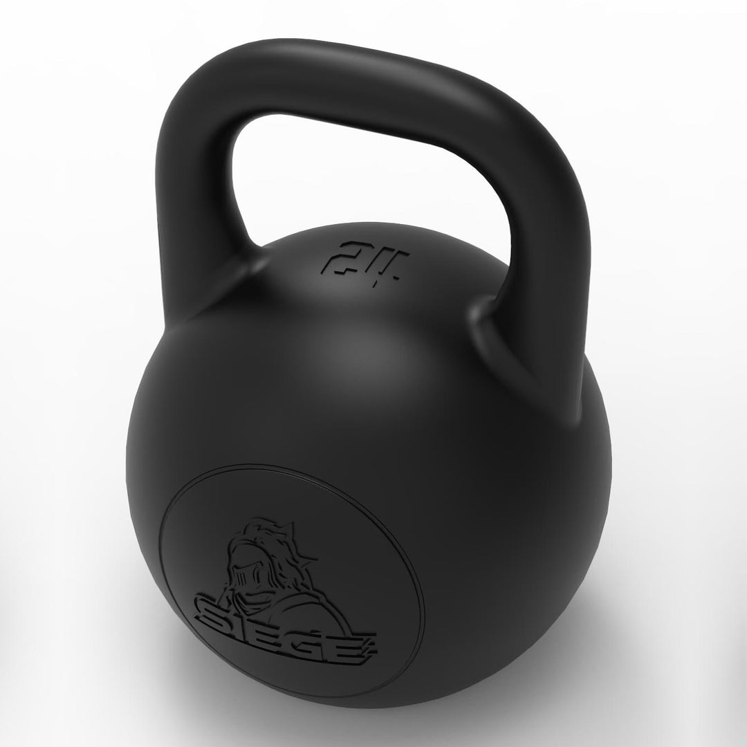 SIEGE matte black competition kettlebell 3D render top front view of logo 24kg