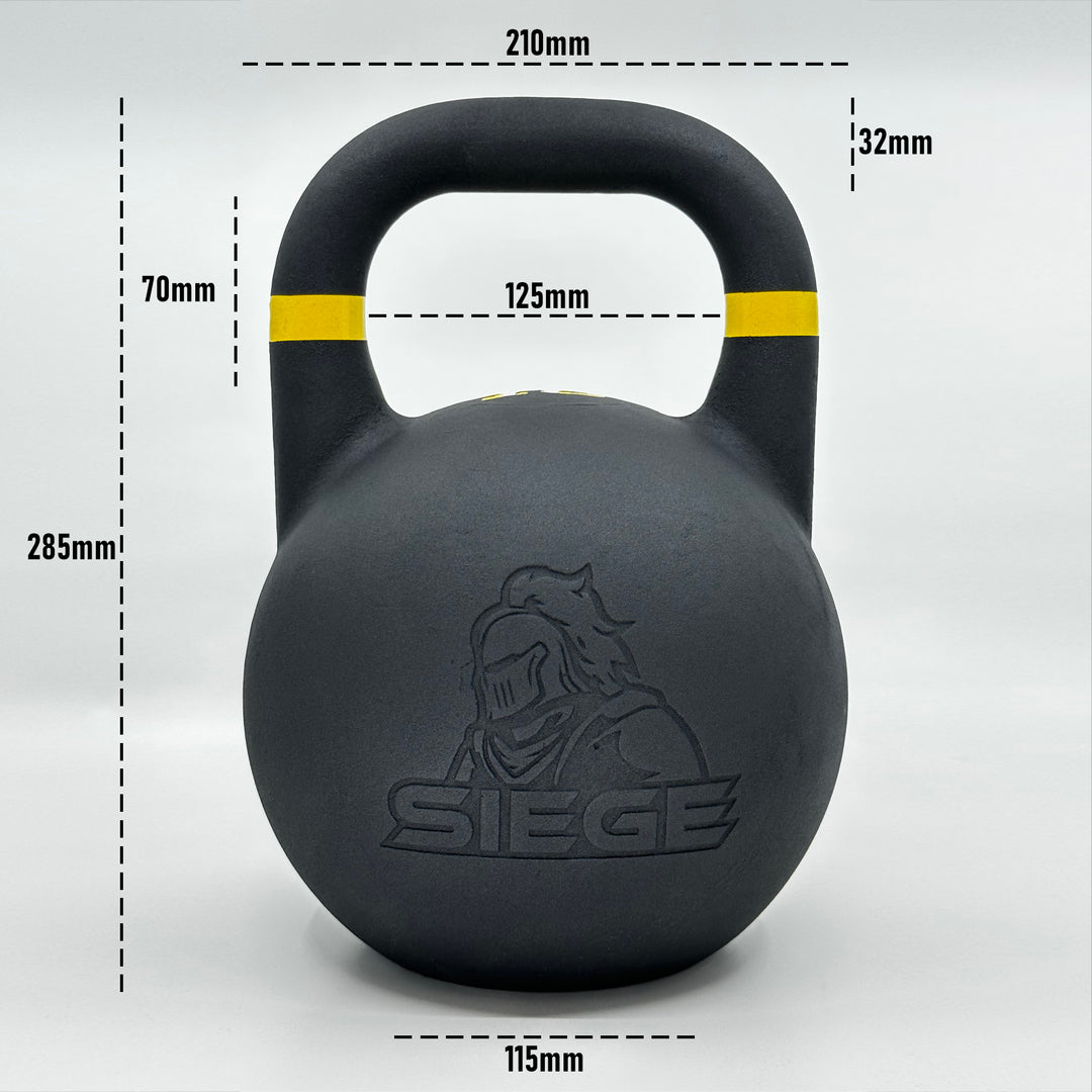 SIEGE matte black powder coat cast iron competition kettlebell product measurements and sizing